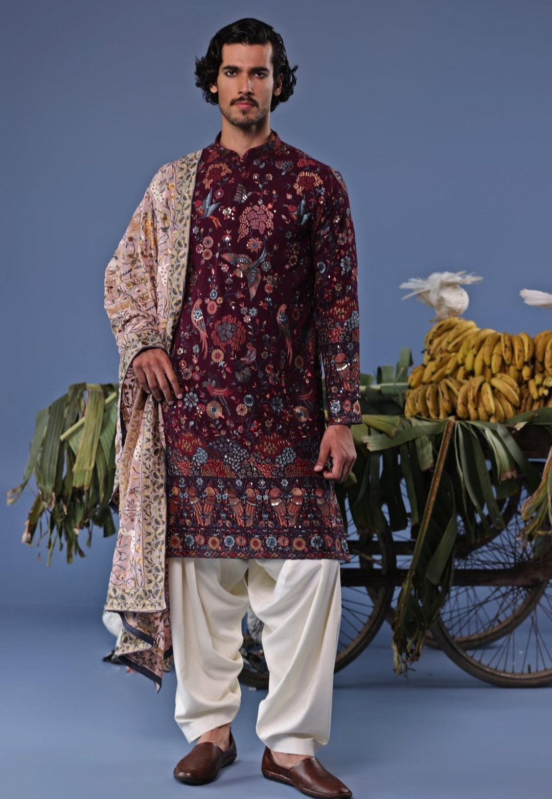 Wine Resham Embroidered Kurta Patiala Set Kalpraag - Fabilicious Fashion