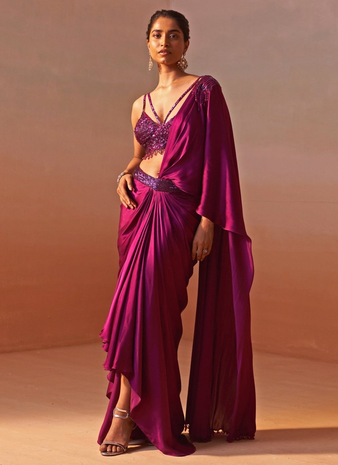Nitika Gujral Wine Satin Pre Draped SareeFabilicious Fashion