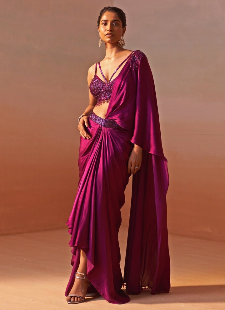 Nitika Gujral Wine Satin Pre Draped SareeFabilicious Fashion