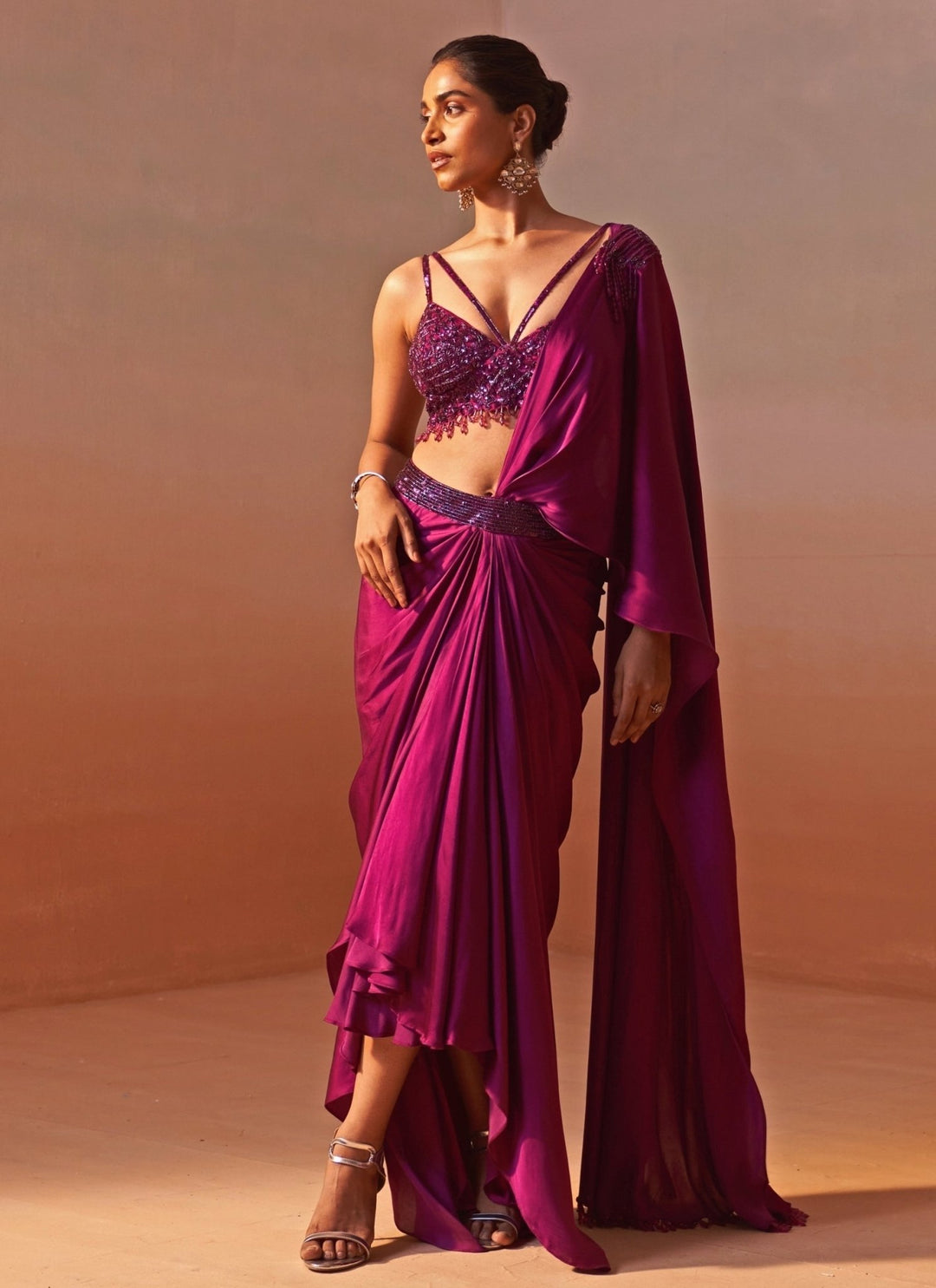Nitika Gujral Wine Satin Pre Draped SareeFabilicious Fashion