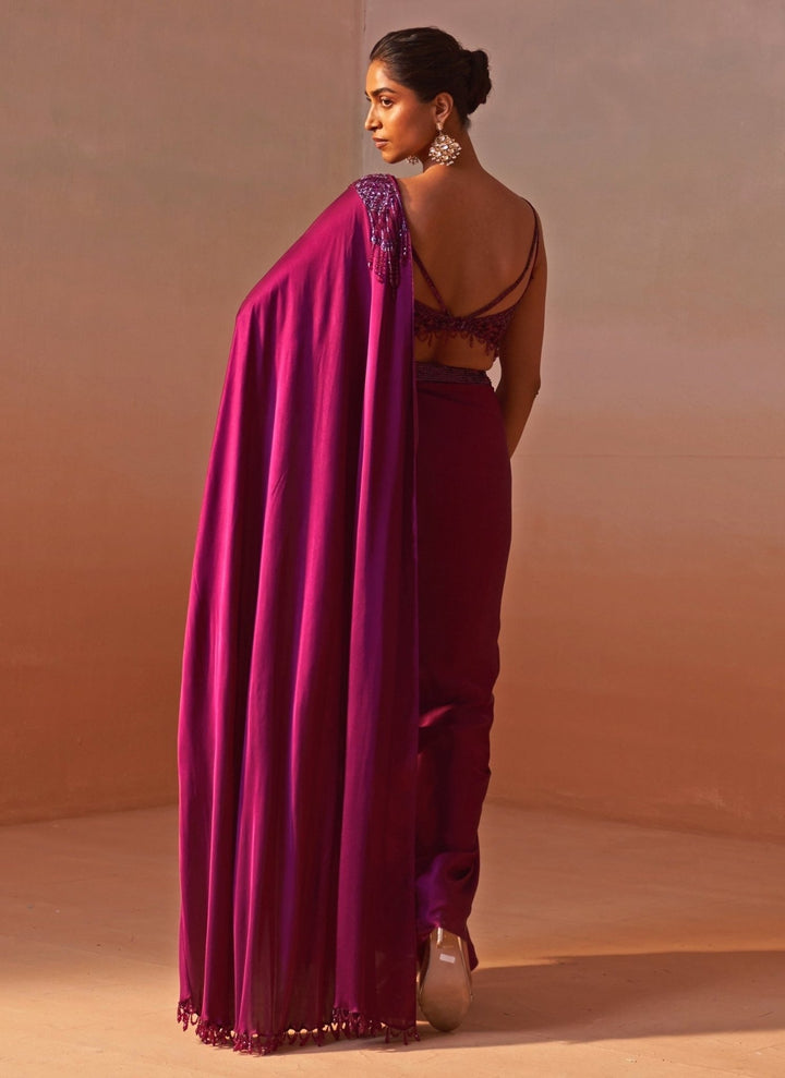 Nitika Gujral Wine Satin Pre Draped SareeFabilicious Fashion