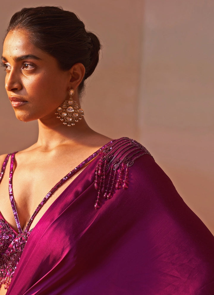 Nitika Gujral Wine Satin Pre Draped SareeFabilicious Fashion