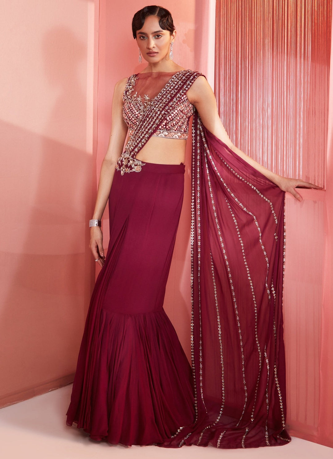 Wine Sequinned Georgette Predraped Saree Sanya Gulati - Fabilicious Fashion