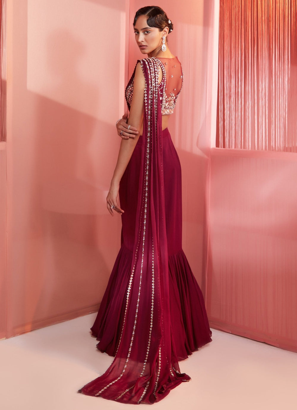 Wine Sequinned Georgette Predraped Saree Sanya Gulati - Fabilicious Fashion