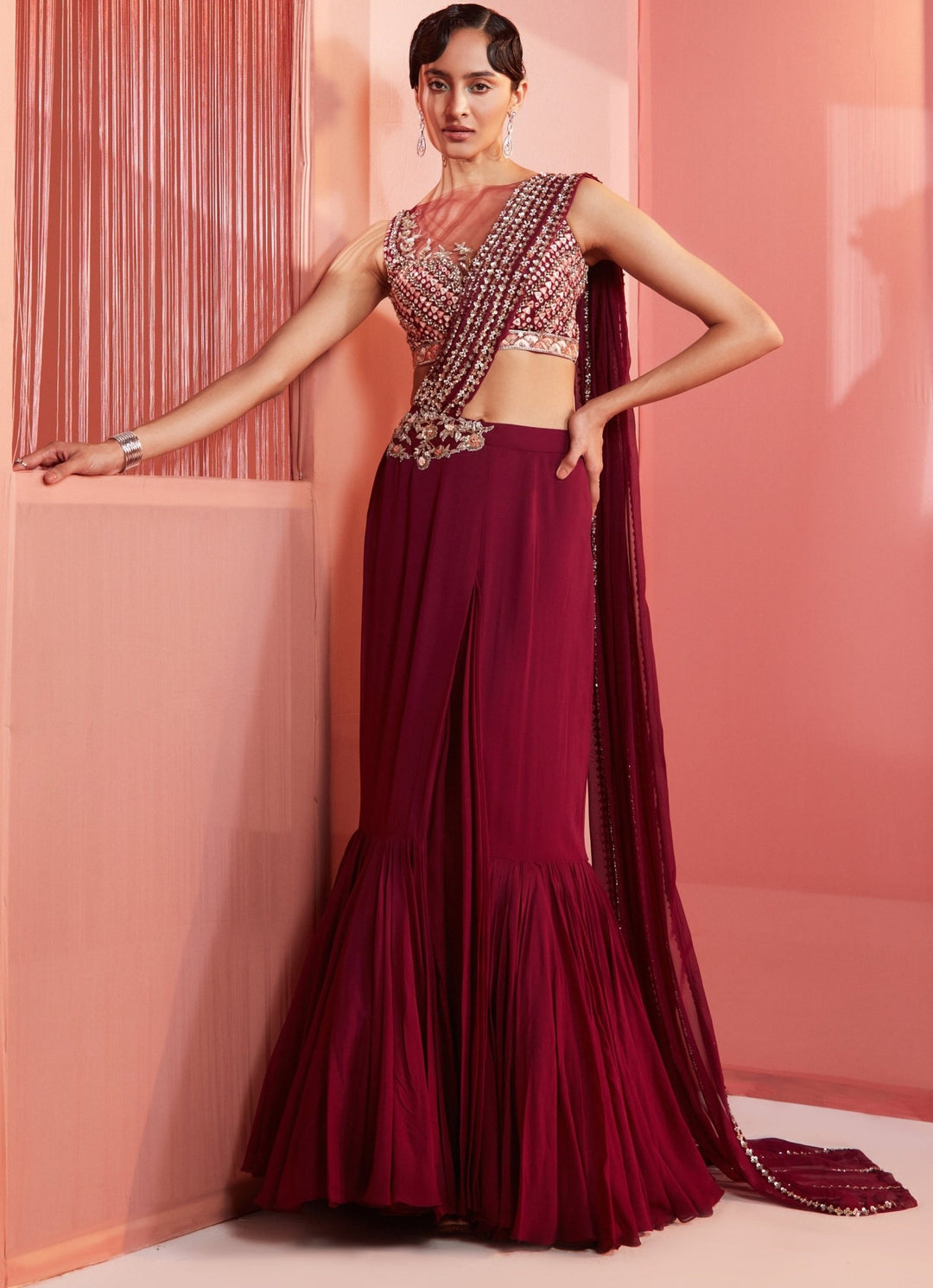 Wine Sequinned Georgette Predraped Saree Sanya Gulati - Fabilicious Fashion
