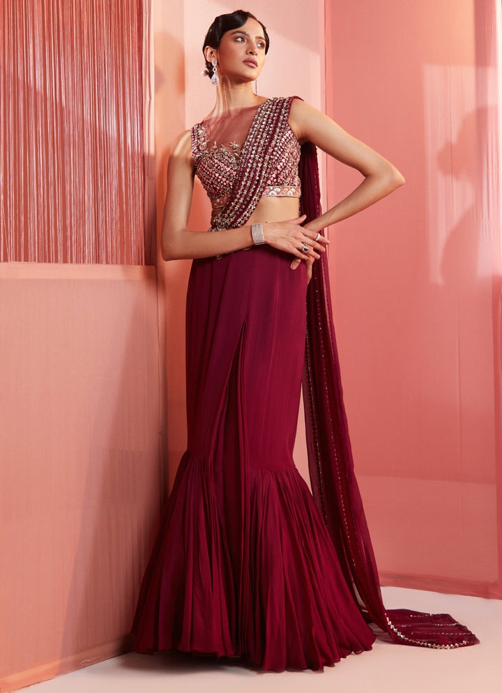 Wine Sequinned Georgette Predraped Saree Sanya Gulati - Fabilicious Fashion