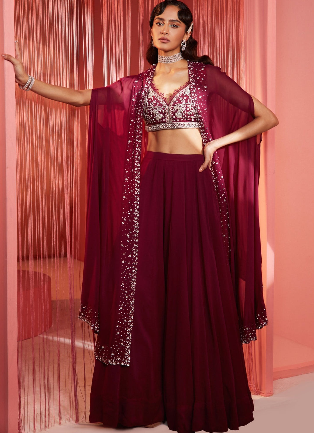 Wine Sequins Embroidered Blouse Sharara Set With Cape Sanya Gulati - Fabilicious Fashion