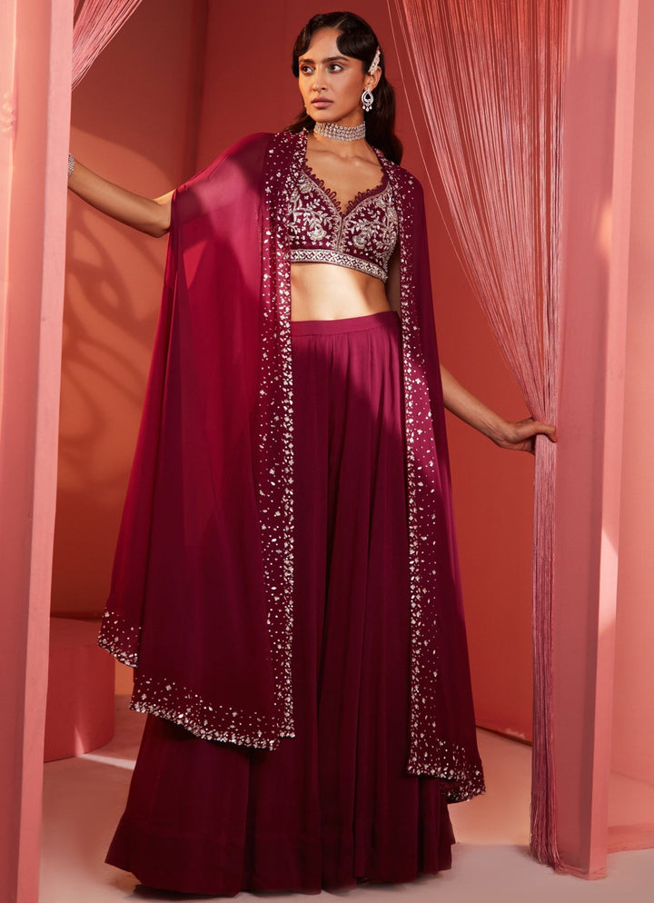 Wine Sequins Embroidered Blouse Sharara Set With Cape Sanya Gulati - Fabilicious Fashion