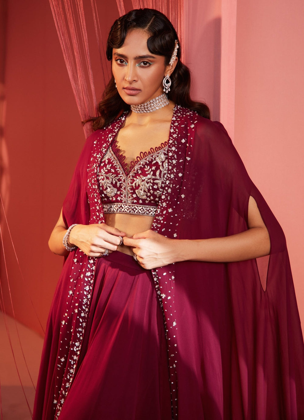 Wine Sequins Embroidered Blouse Sharara Set With Cape Sanya Gulati - Fabilicious Fashion