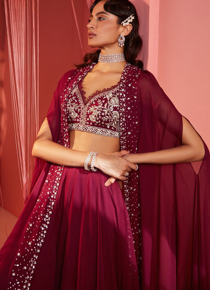 Wine Sequins Embroidered Blouse Sharara Set With Cape Sanya Gulati - Fabilicious Fashion
