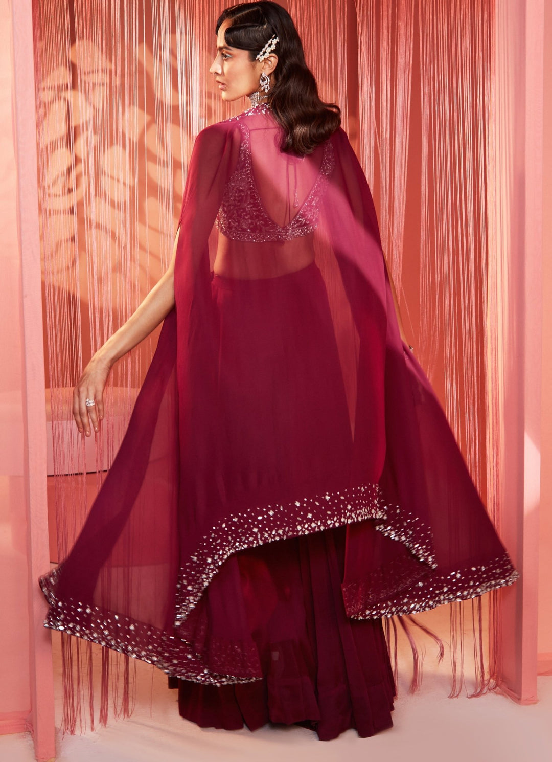 Wine Sequins Embroidered Blouse Sharara Set With Cape Sanya Gulati - Fabilicious Fashion