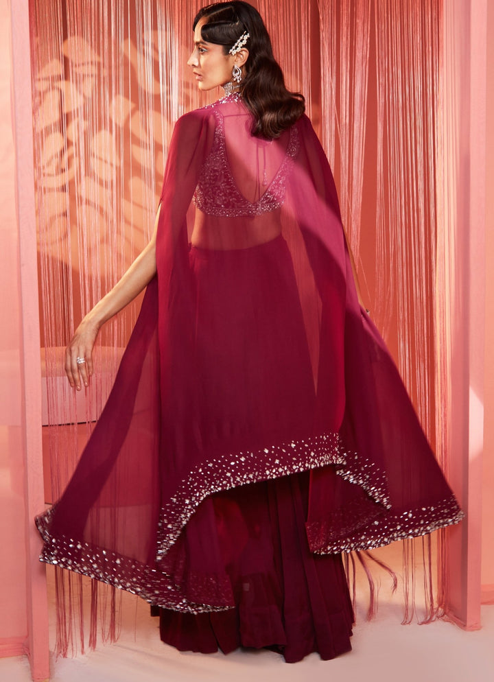Wine Sequins Embroidered Blouse Sharara Set With Cape Sanya Gulati - Fabilicious Fashion
