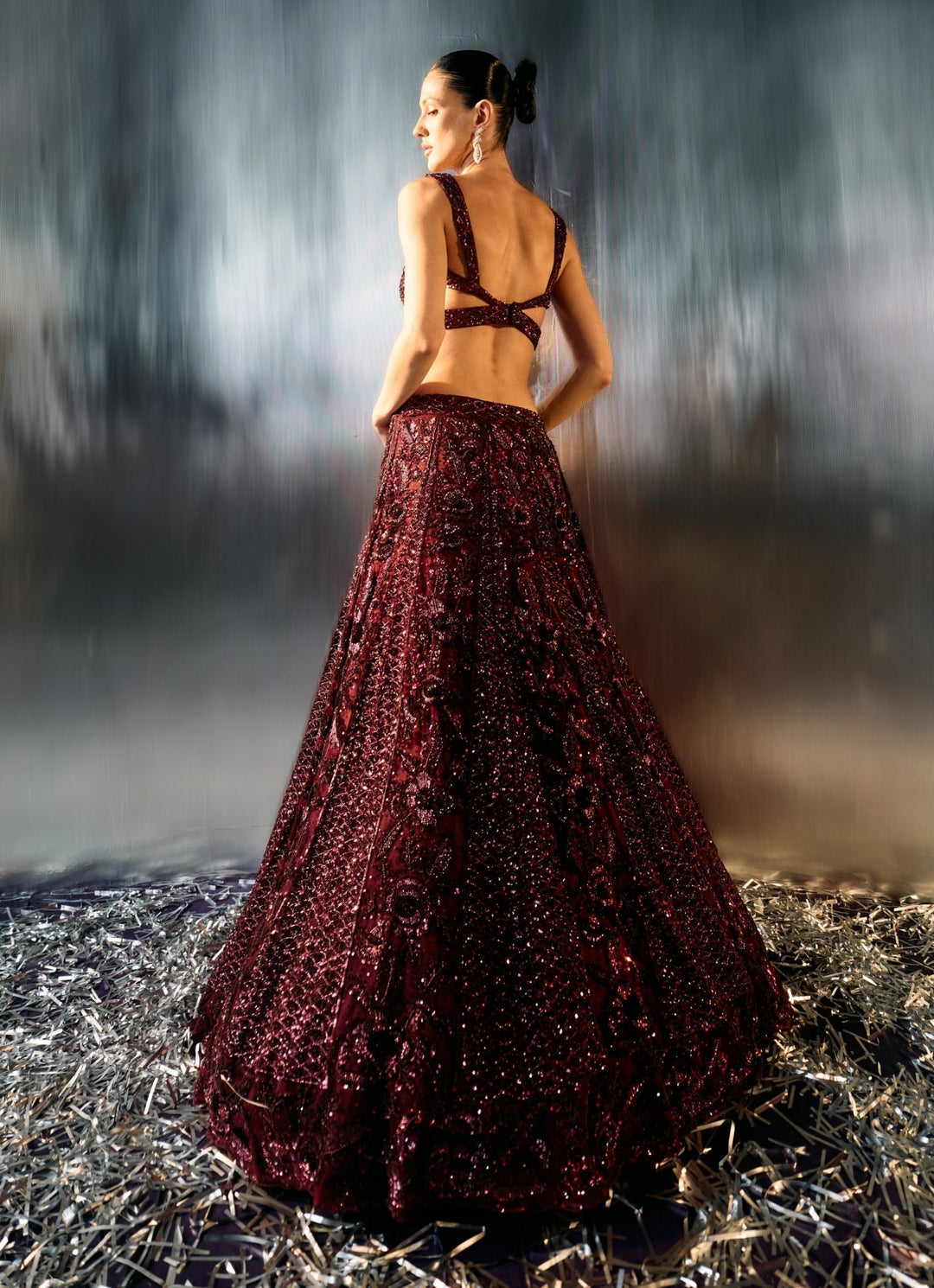 Wine Sequins Embroidered Bridal Lehenga Set Angad Singh - Fabilicious Fashion