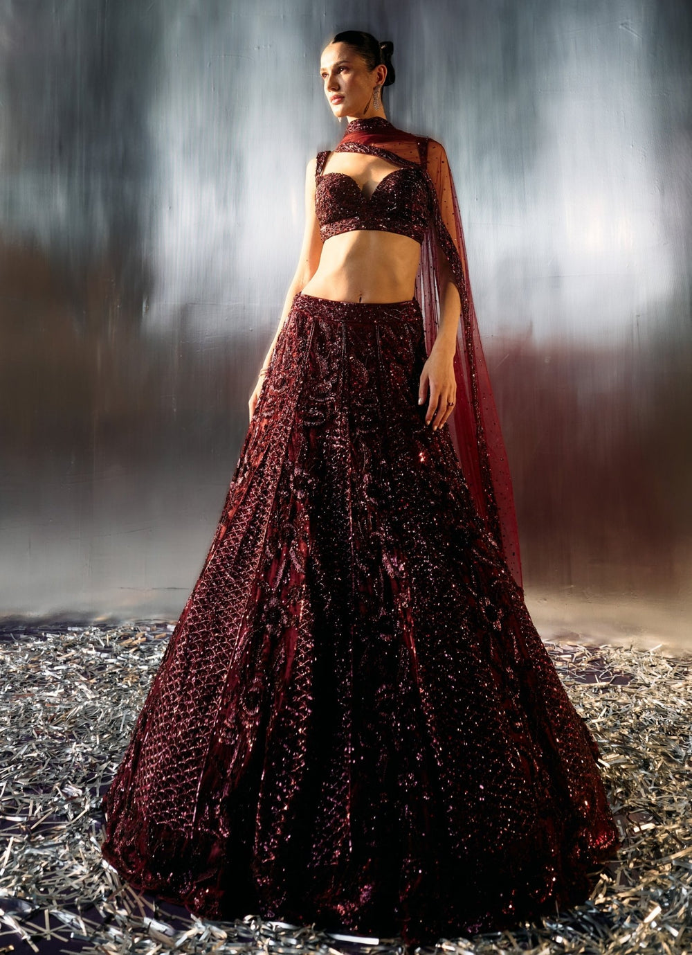 Wine Sequins Embroidered Bridal Lehenga Set Angad Singh - Fabilicious Fashion