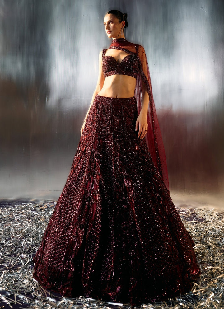 Wine Sequins Embroidered Bridal Lehenga Set Angad Singh - Fabilicious Fashion