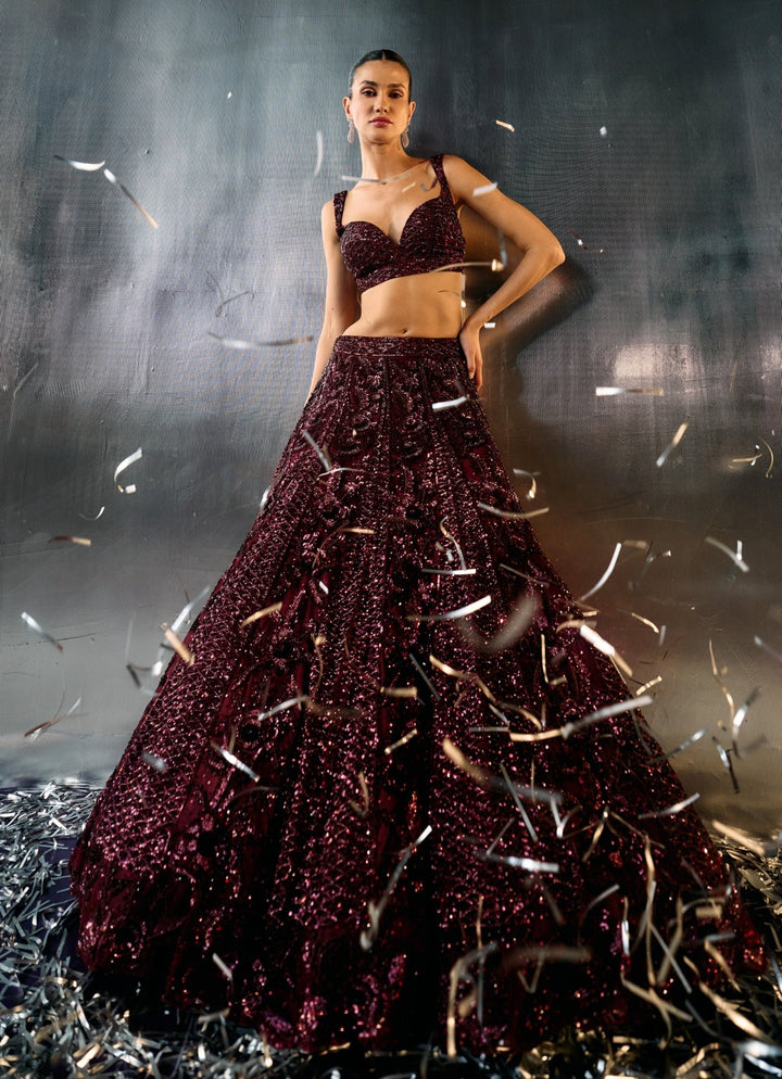 Wine Sequins Embroidered Bridal Lehenga Set Angad Singh - Fabilicious Fashion
