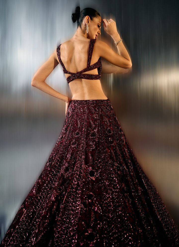 Wine Sequins Embroidered Bridal Lehenga Set Angad Singh - Fabilicious Fashion