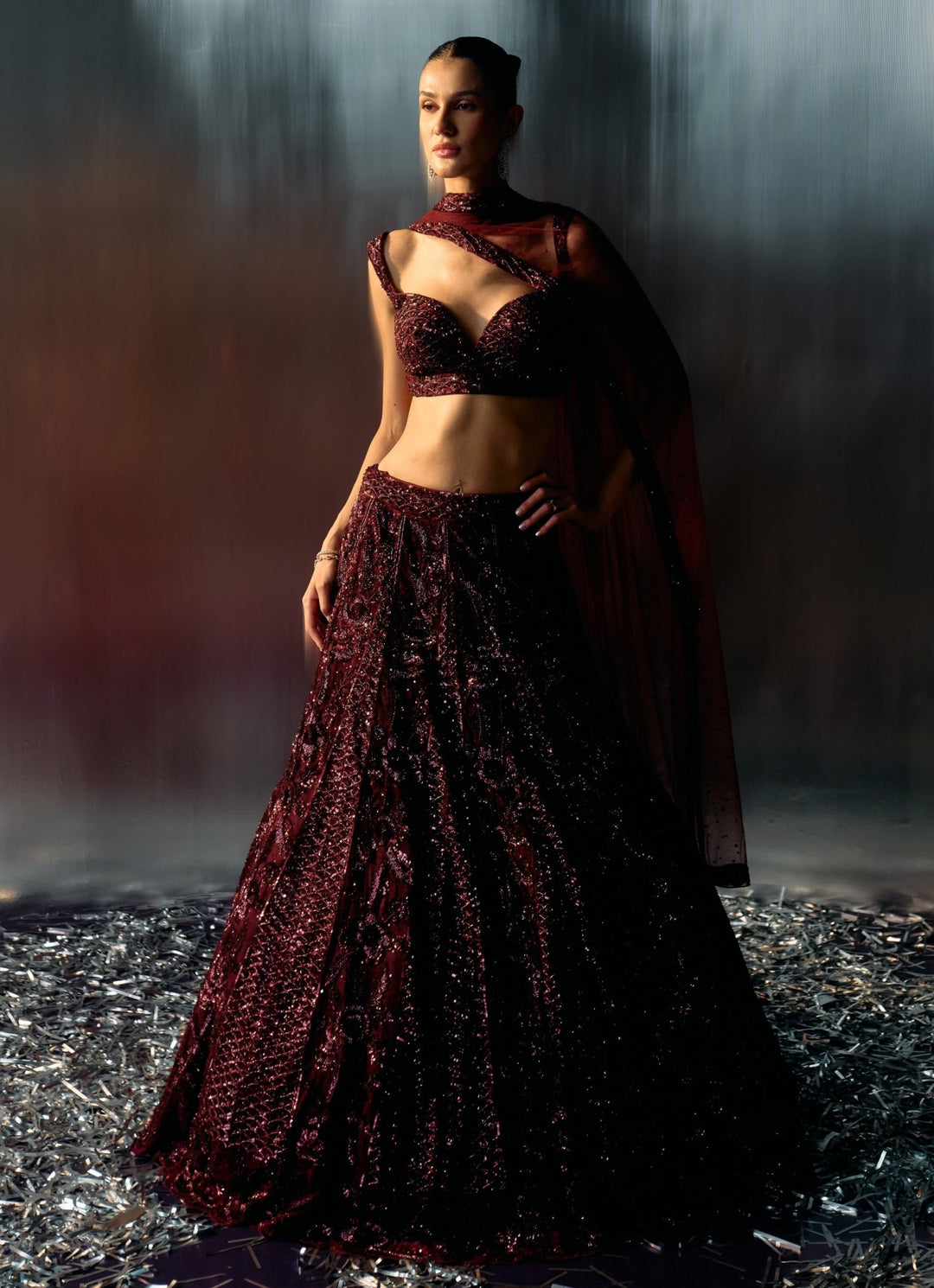 Wine Sequins Embroidered Bridal Lehenga Set Angad Singh - Fabilicious Fashion