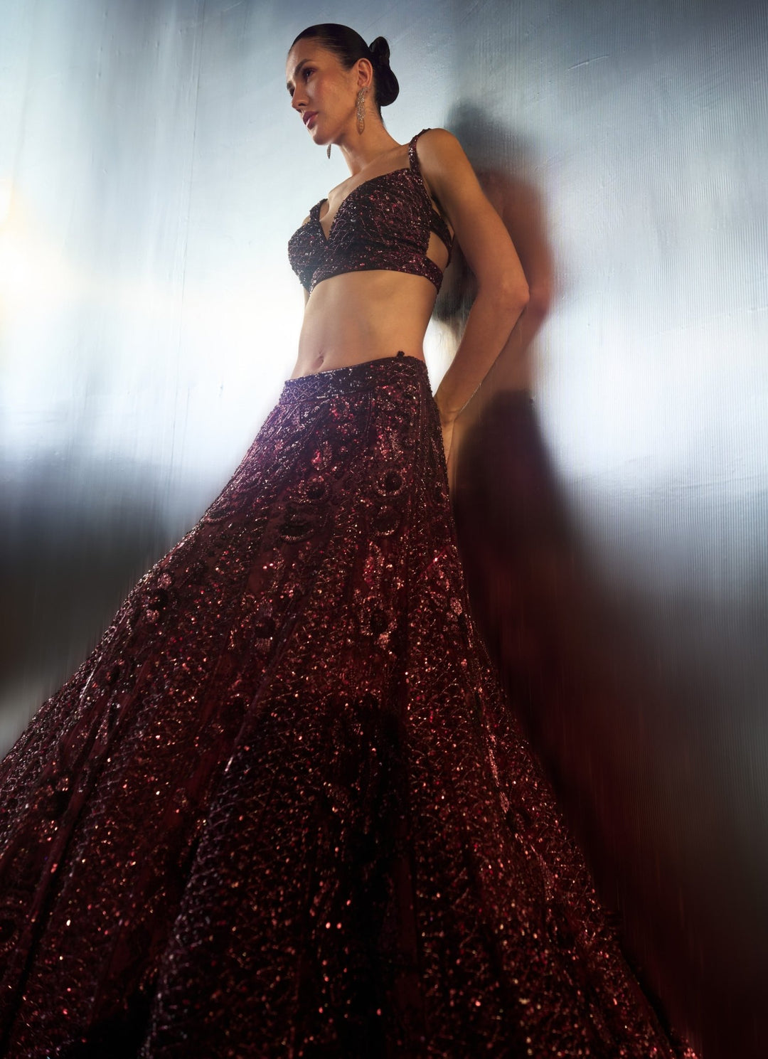 Wine Sequins Embroidered Bridal Lehenga Set Angad Singh - Fabilicious Fashion