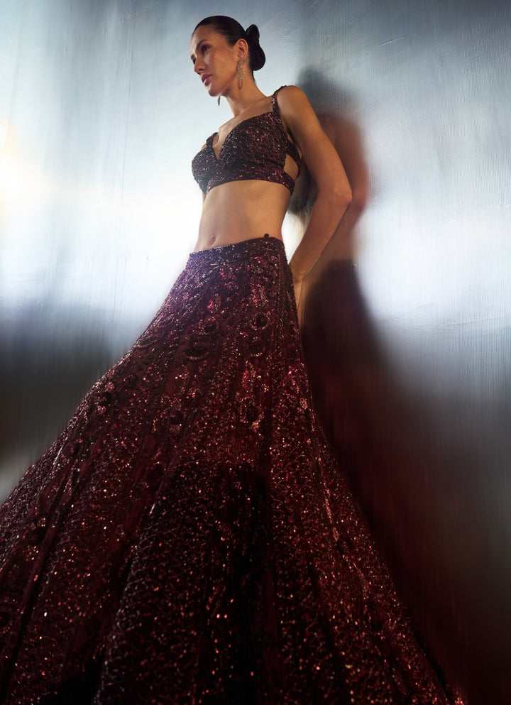 Wine Sequins Embroidered Bridal Lehenga Set Angad Singh - Fabilicious Fashion