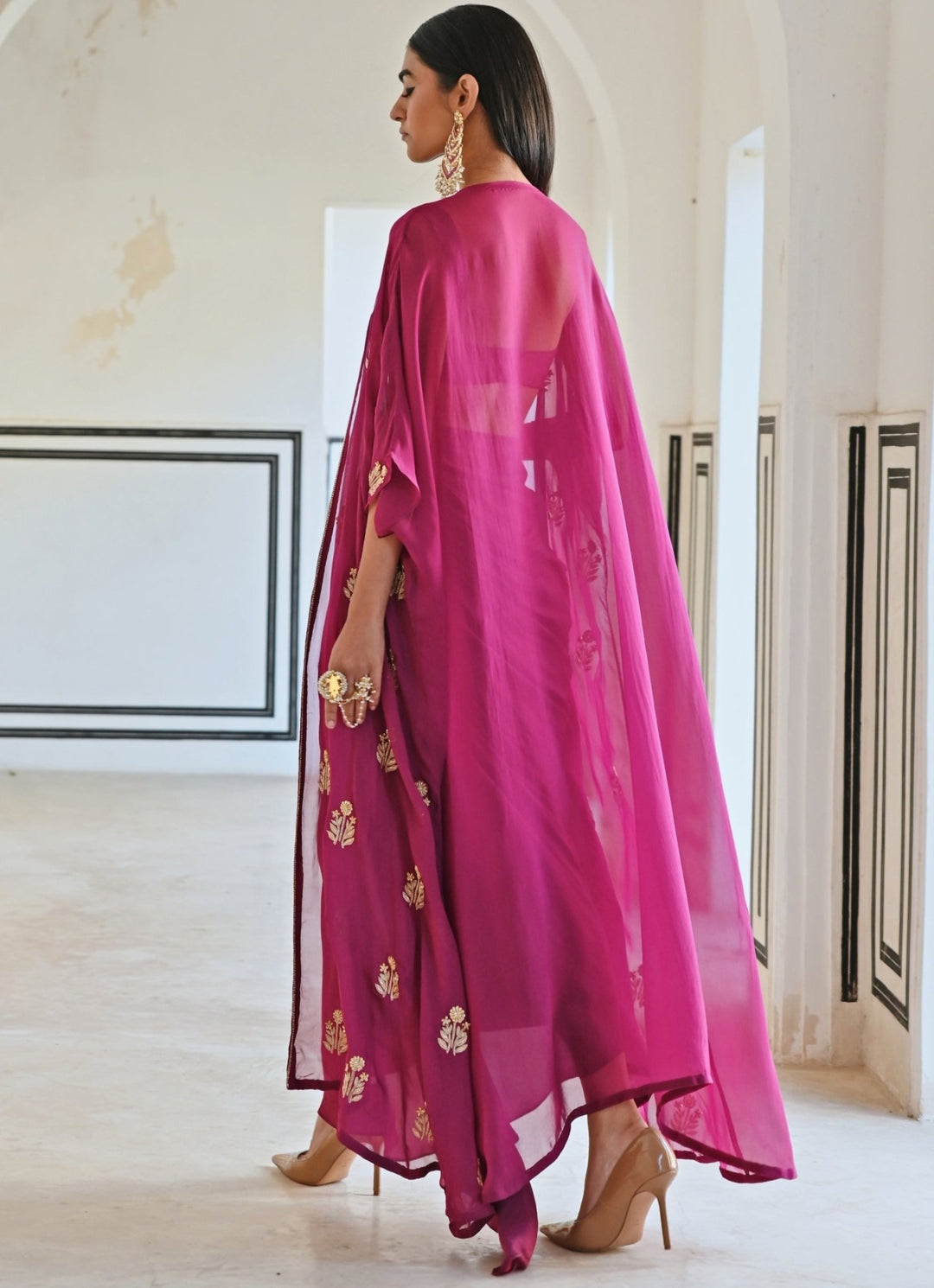 Wine Silk Drape Skirt With Embroidered Top And Cape Ease - Fabilicious Fashion