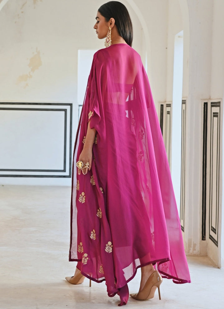 Wine Silk Drape Skirt With Embroidered Top And Cape Ease - Fabilicious Fashion