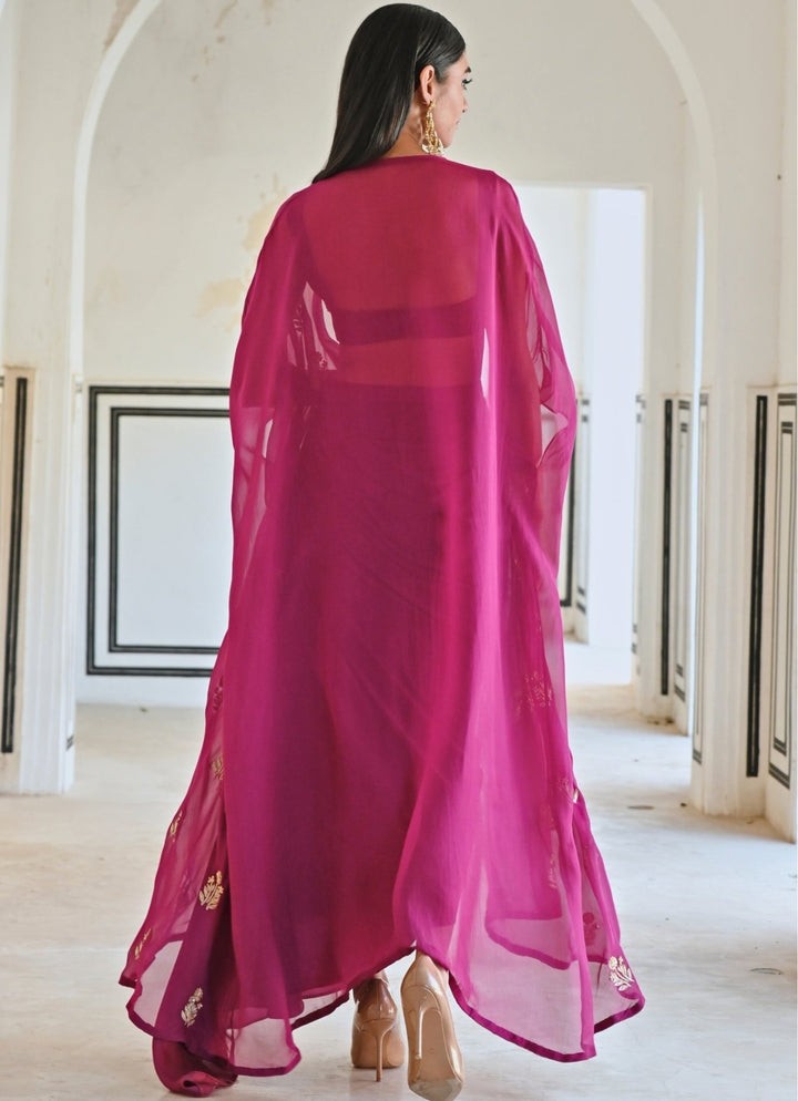 Wine Silk Drape Skirt With Embroidered Top And Cape Ease - Fabilicious Fashion