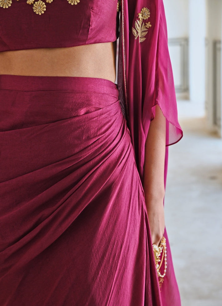 Wine Silk Drape Skirt With Embroidered Top And Cape Ease - Fabilicious Fashion