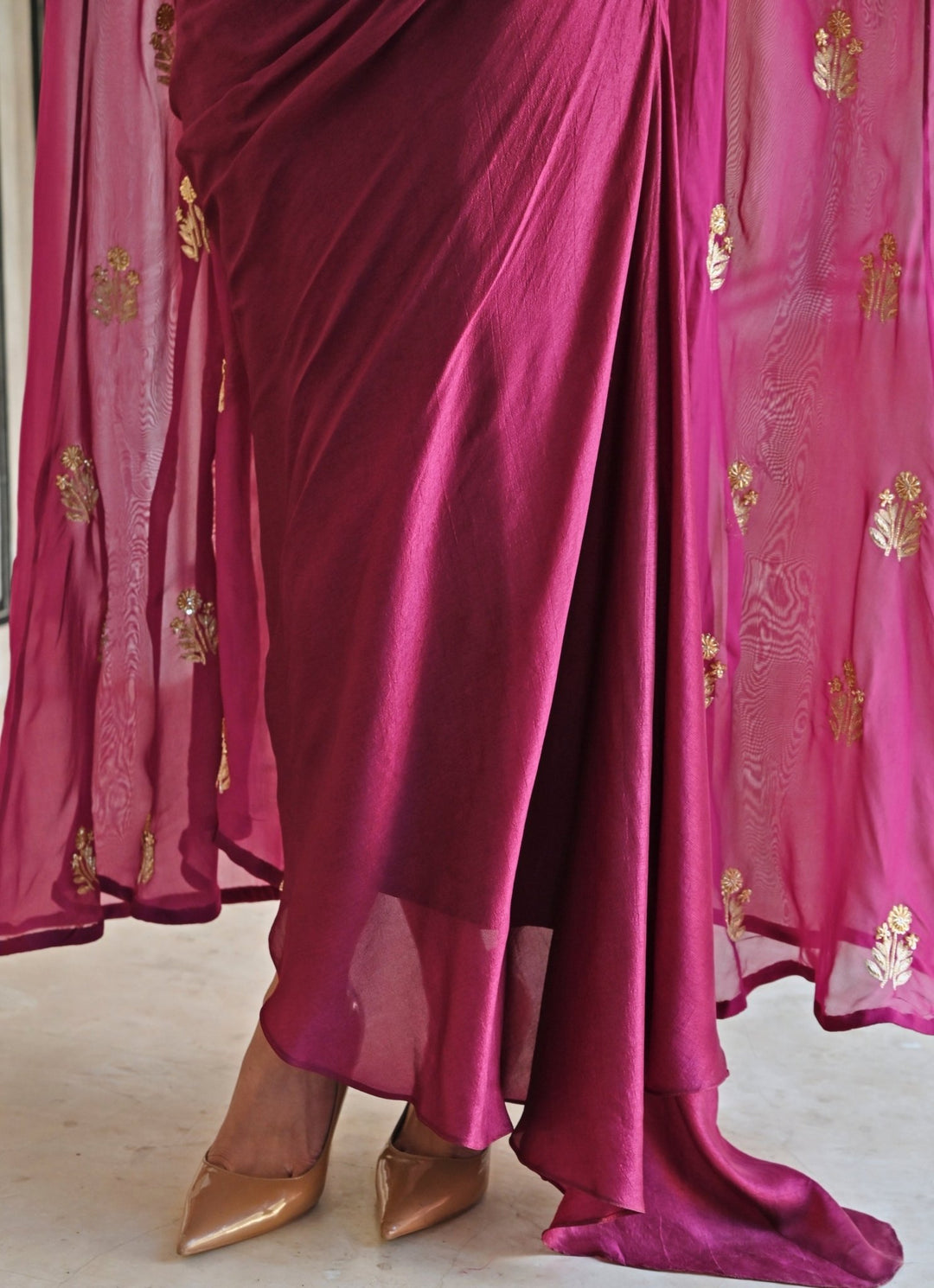 Wine Silk Drape Skirt With Embroidered Top And Cape Ease - Fabilicious Fashion