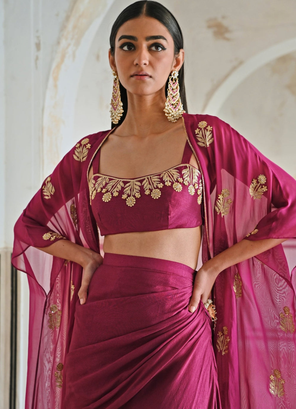 Wine Silk Drape Skirt With Embroidered Top And Cape Ease - Fabilicious Fashion