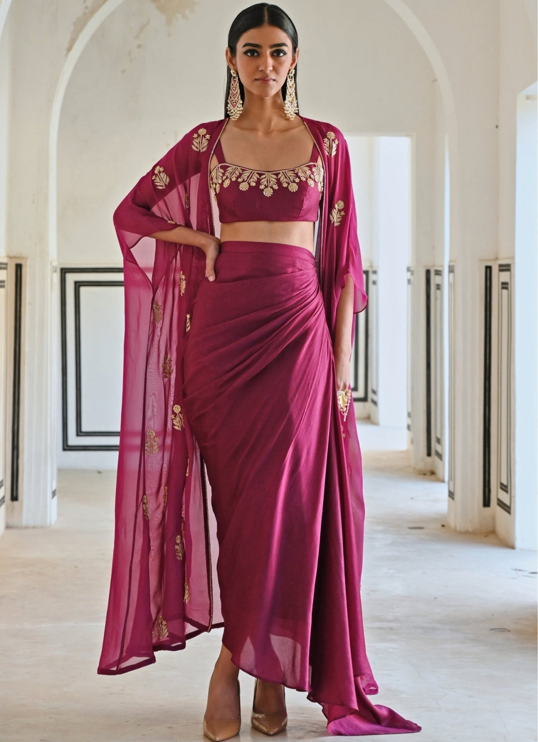 Wine Silk Drape Skirt With Embroidered Top And Cape Ease - Fabilicious Fashion