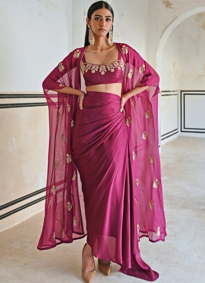 Wine Silk Drape Skirt With Embroidered Top And Cape Ease - Fabilicious Fashion
