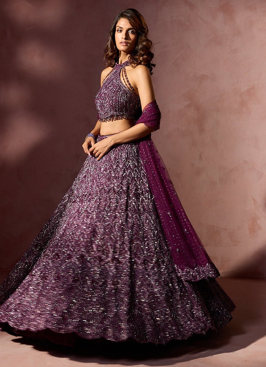 Wine Soft Net Lehenga Set With Halter Blouse Nitika Gujral - Fabilicious Fashion