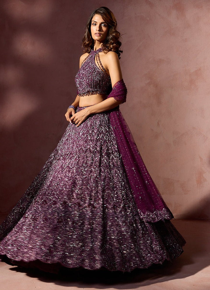Wine Soft Net Lehenga Set With Halter Blouse Nitika Gujral - Fabilicious Fashion