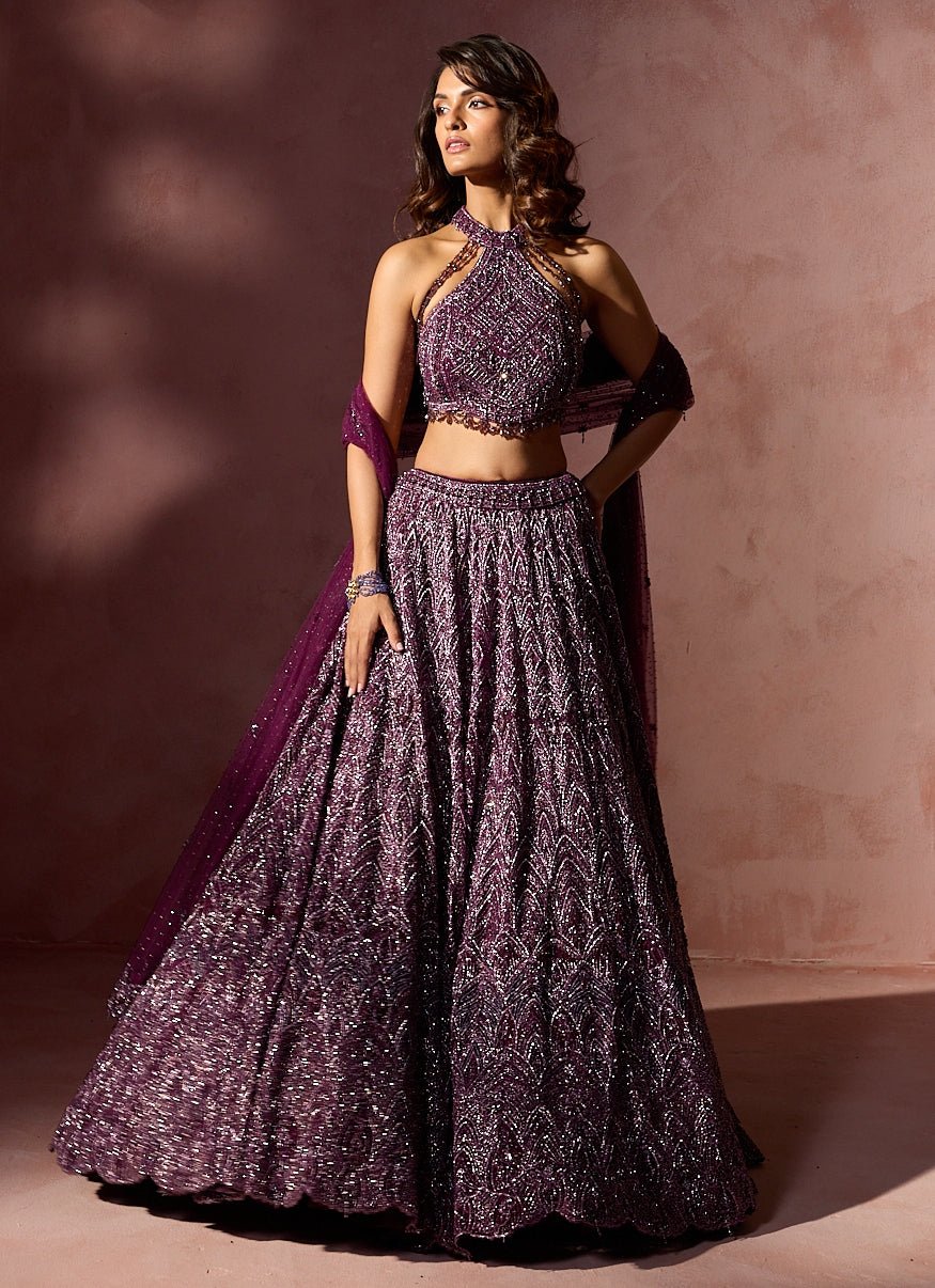 Wine Soft Net Lehenga Set With Halter Blouse Nitika Gujral - Fabilicious Fashion