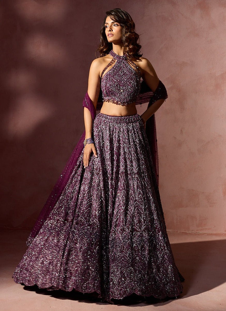 Wine Soft Net Lehenga Set With Halter Blouse Nitika Gujral - Fabilicious Fashion