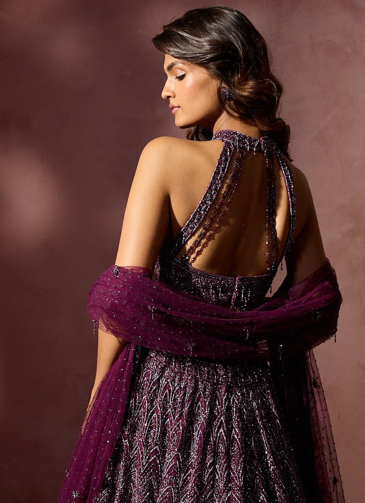 Wine Soft Net Lehenga Set With Halter Blouse Nitika Gujral - Fabilicious Fashion
