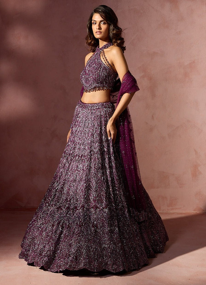 Wine Soft Net Lehenga Set With Halter Blouse Nitika Gujral - Fabilicious Fashion