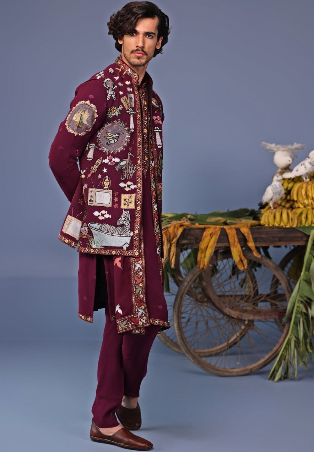 Wine Thread Embroidered Georgette Kurta Jacket Set Kalpraag - Fabilicious Fashion
