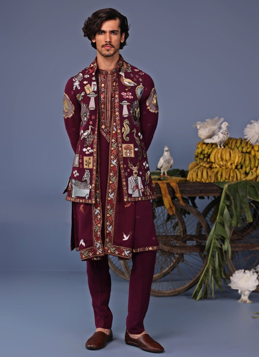 Wine Thread Embroidered Georgette Kurta Jacket Set Kalpraag - Fabilicious Fashion