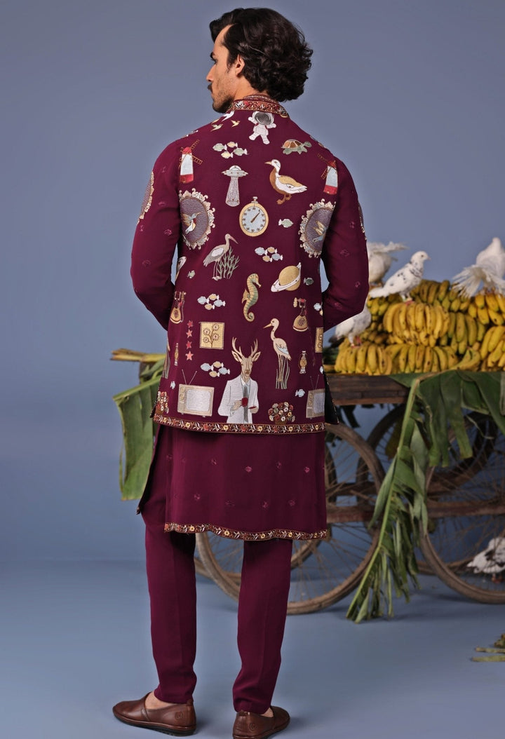 Wine Thread Embroidered Georgette Kurta Jacket Set Kalpraag - Fabilicious Fashion