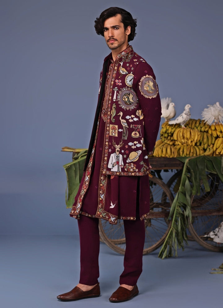 Wine Thread Embroidered Georgette Kurta Jacket Set Kalpraag - Fabilicious Fashion