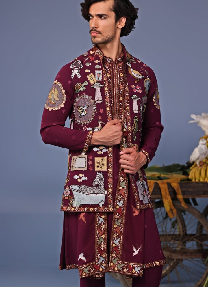 Wine Thread Embroidered Georgette Kurta Jacket Set Kalpraag - Fabilicious Fashion