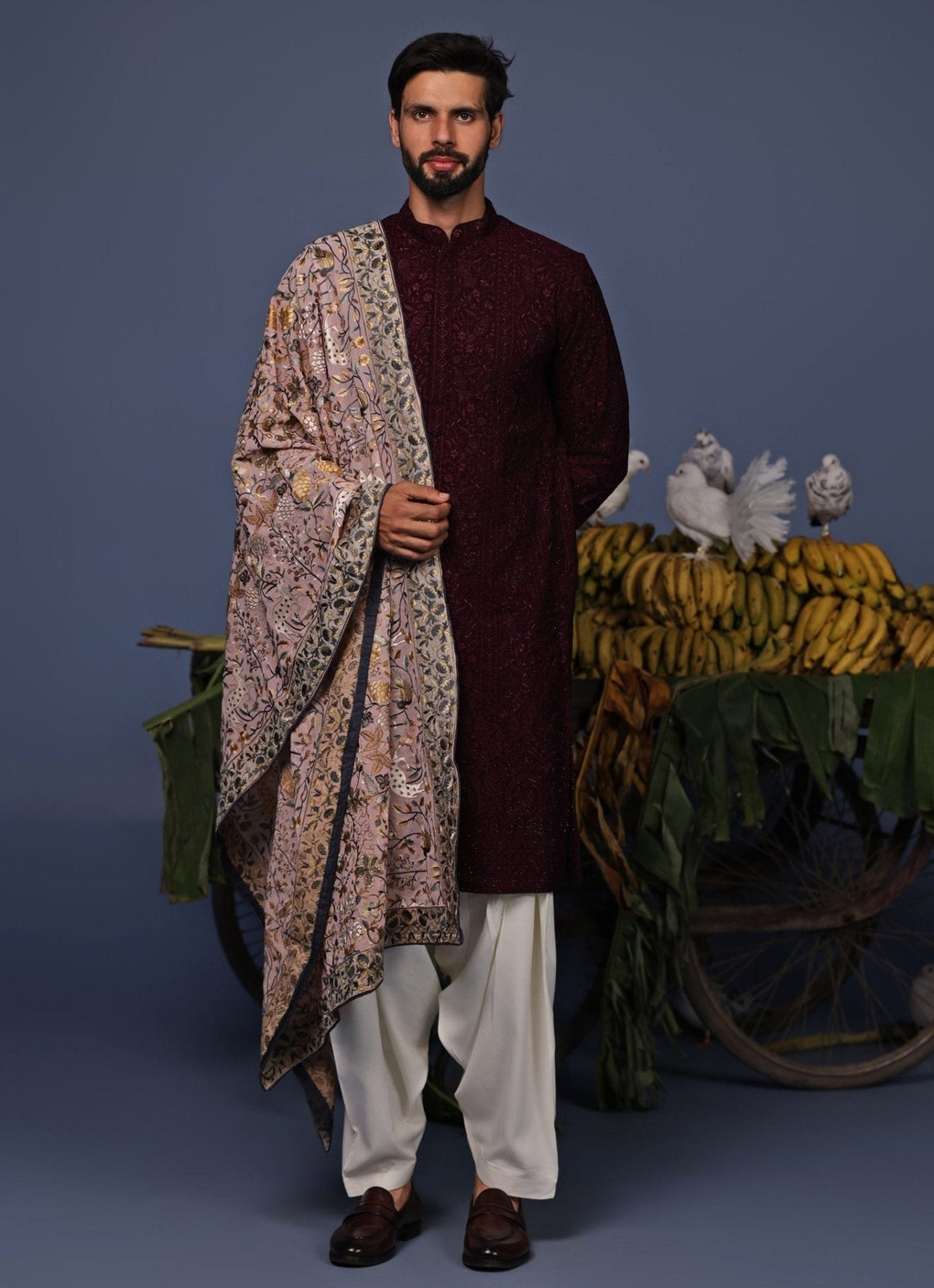 Wine Thread Embroidered Kurta and Patiala Pant Set Kalpraag - Fabilicious Fashion