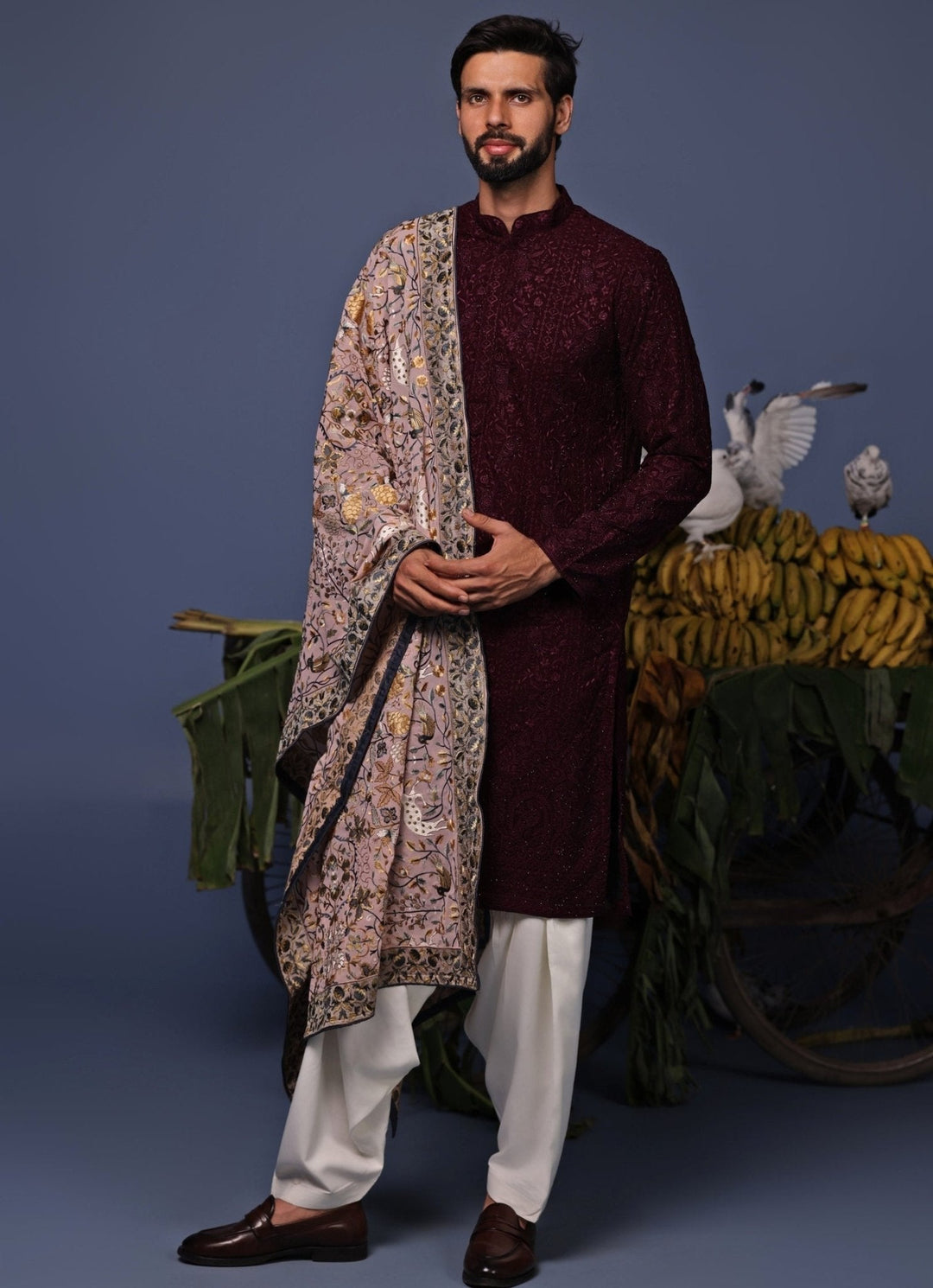 Wine Thread Embroidered Kurta and Patiala Pant Set Kalpraag - Fabilicious Fashion