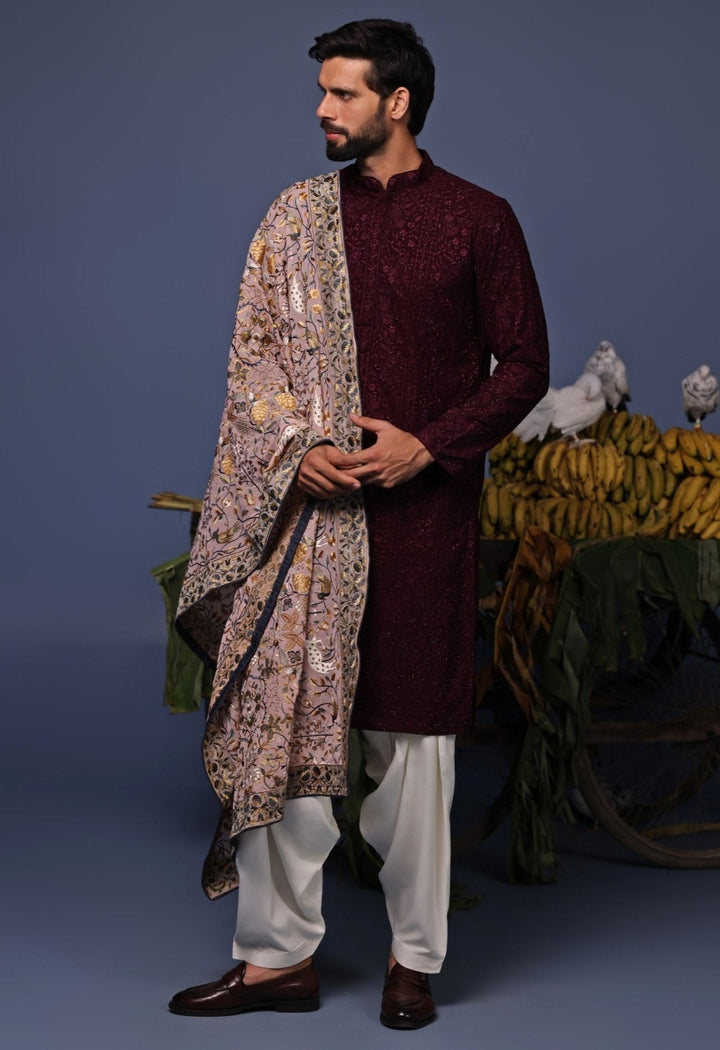 Wine Thread Embroidered Kurta and Patiala Pant Set Kalpraag - Fabilicious Fashion