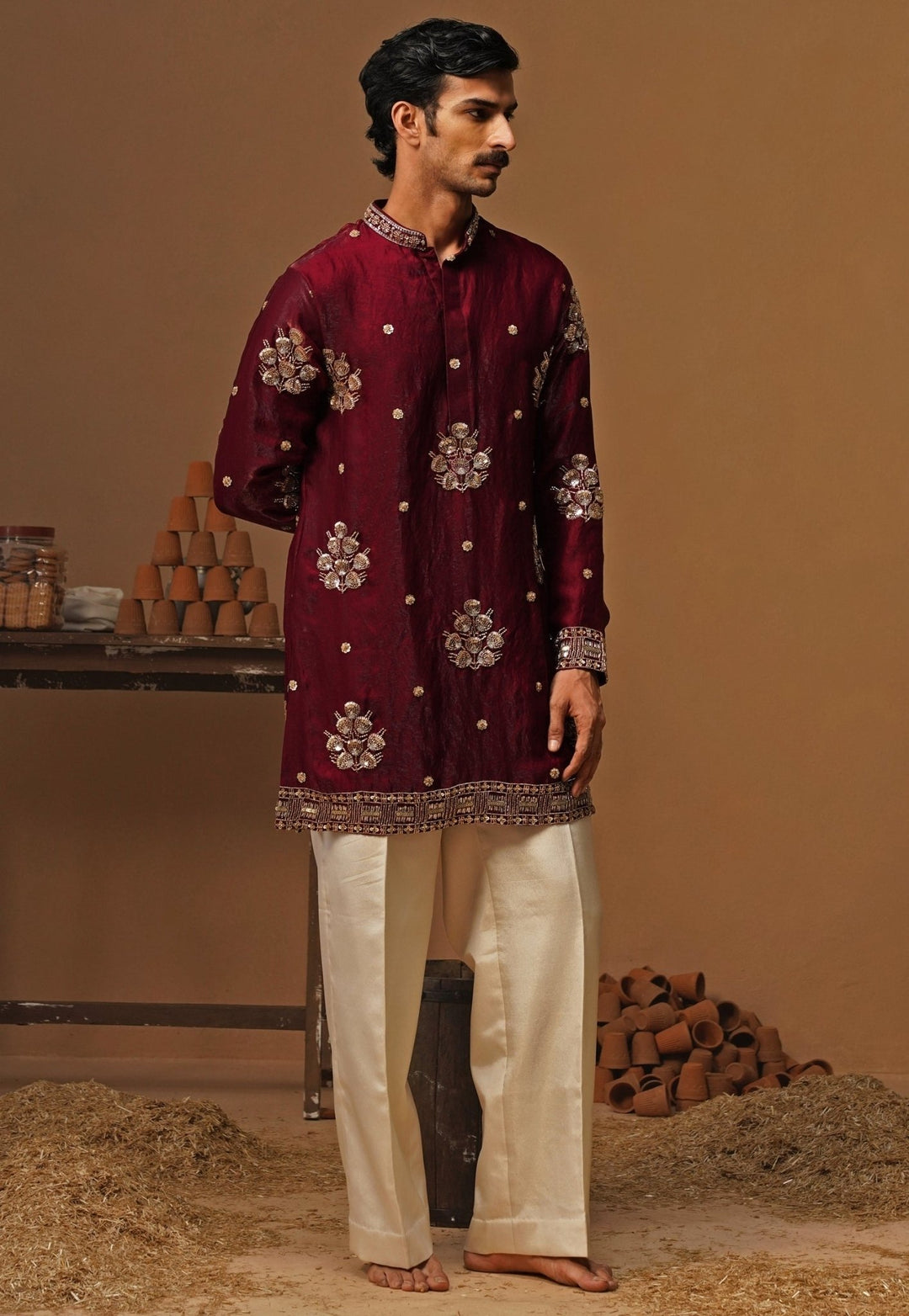 Kalpraag Wine Tissue Silk Short Kurta SetFabilicious Fashion