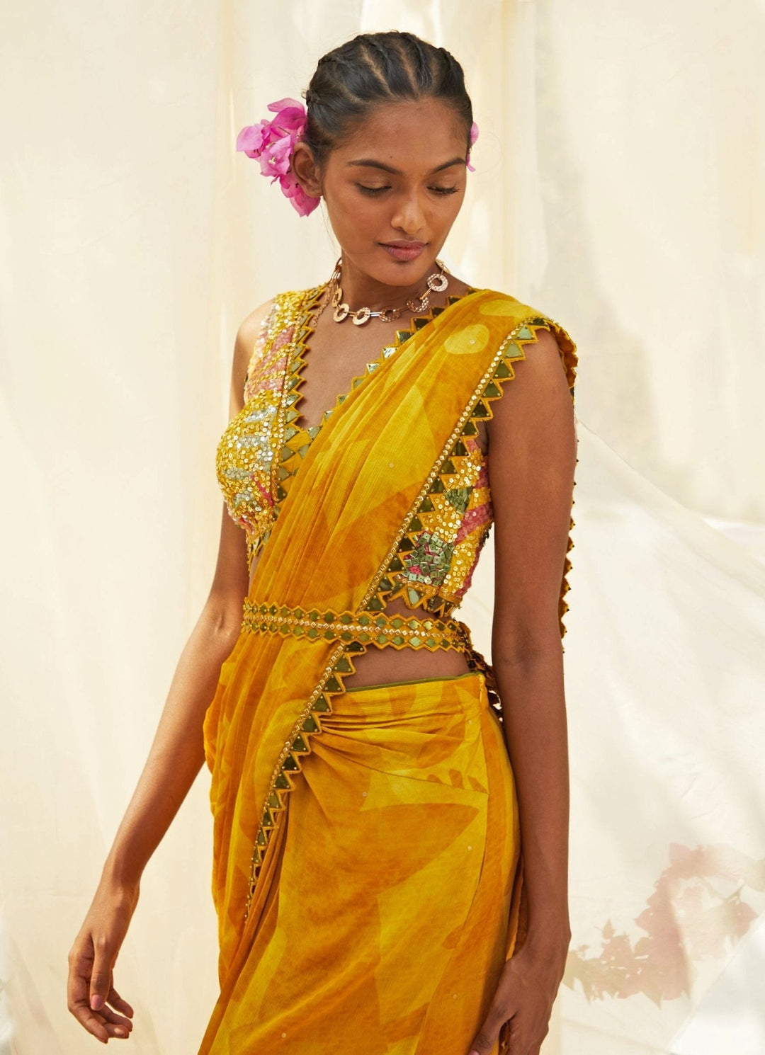 Yellow Abstract Printed And Pre - Draped Chiffon Saree Basil Leaf - Fabilicious Fashion