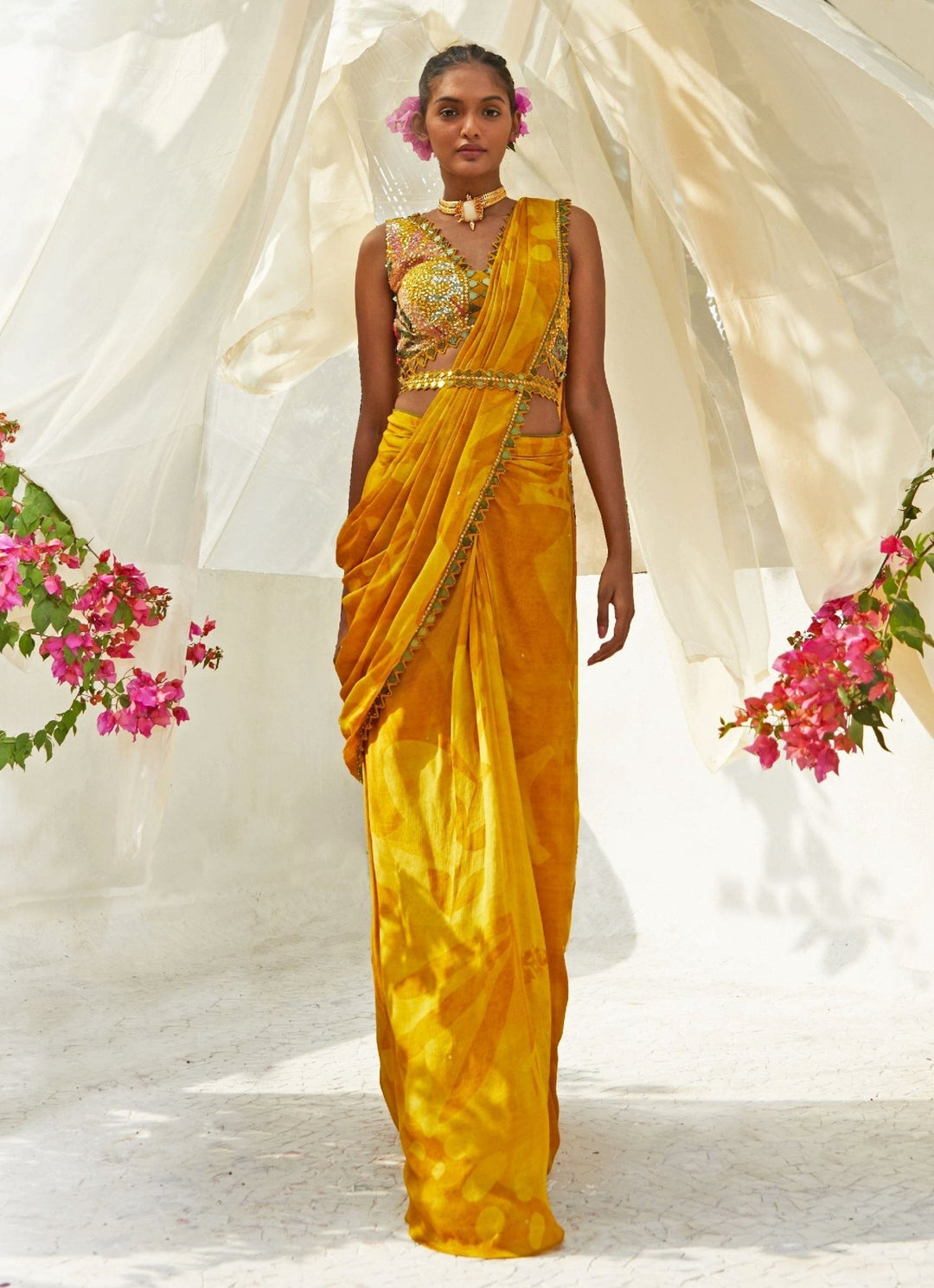 Yellow Abstract Printed And Pre - Draped Chiffon Saree Basil Leaf - Fabilicious Fashion