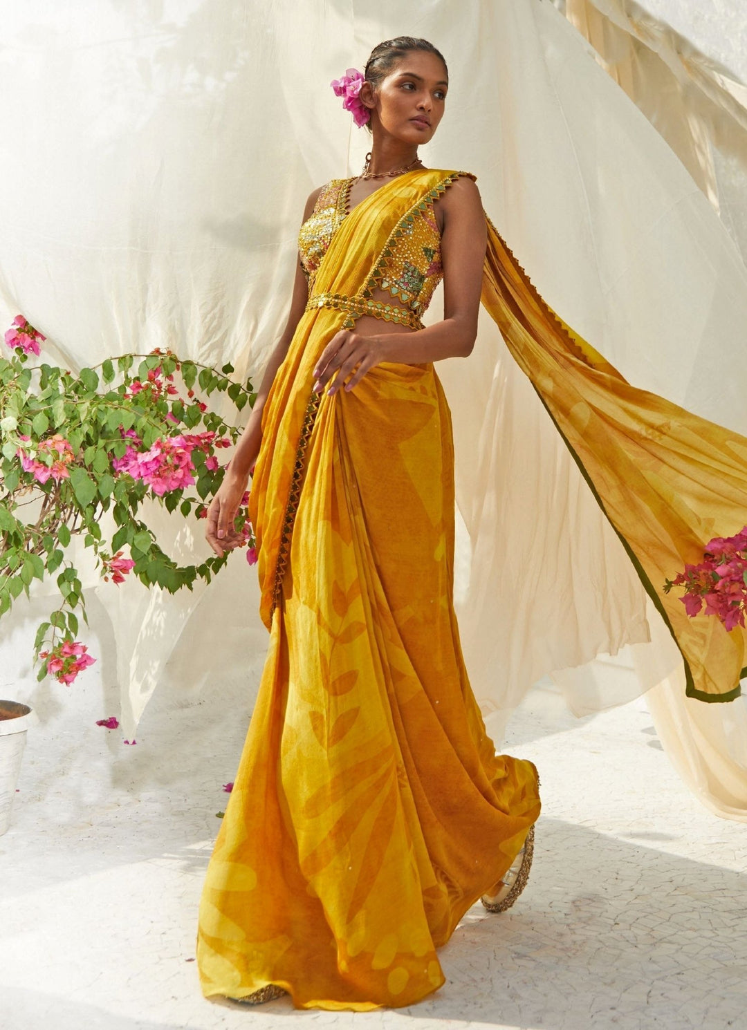 Yellow Abstract Printed And Pre - Draped Chiffon Saree Basil Leaf - Fabilicious Fashion